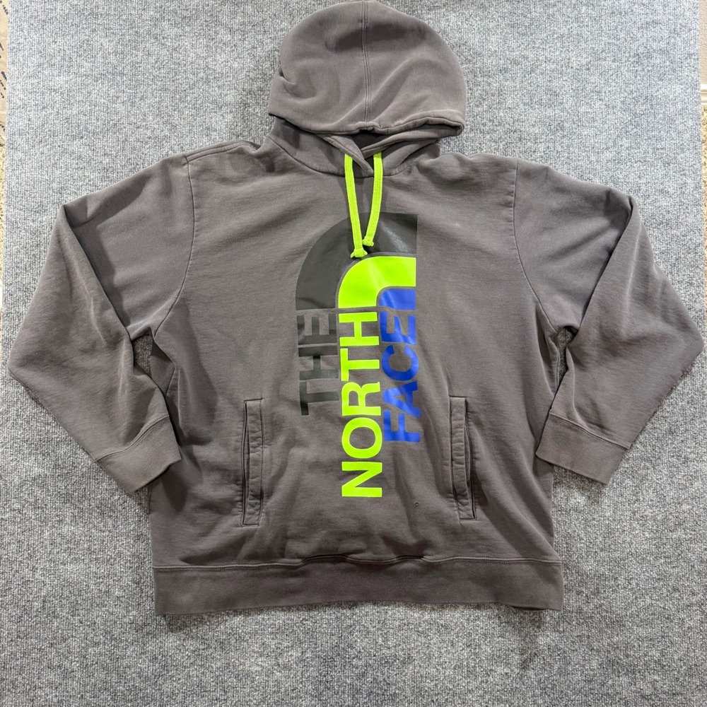 The North Face Mens XXL Gray Hoodie Neon Green Blue Logo Pullover Sweatshirt